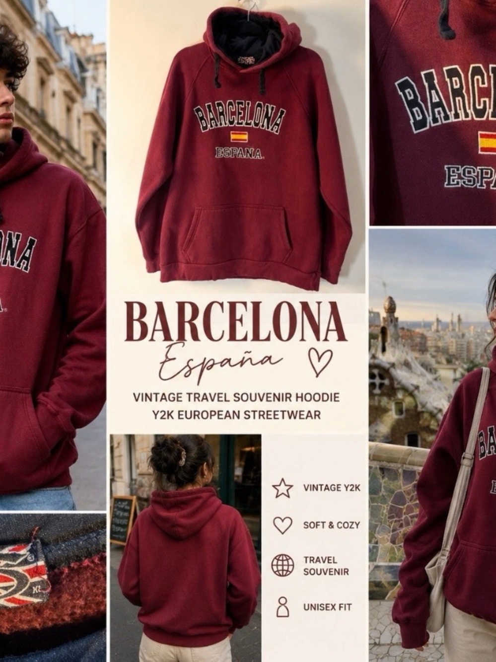 Vintage Barcelona España Hoodie Large Graphic Burgundy Travel Souvenir Y2KSpain